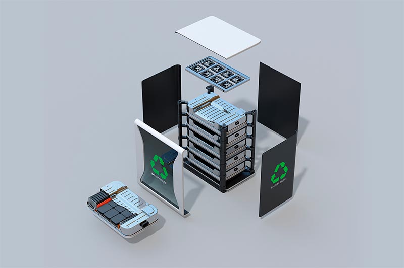 Exploded view of reused electric vehicle batteries component system with EV battery package cutaway view